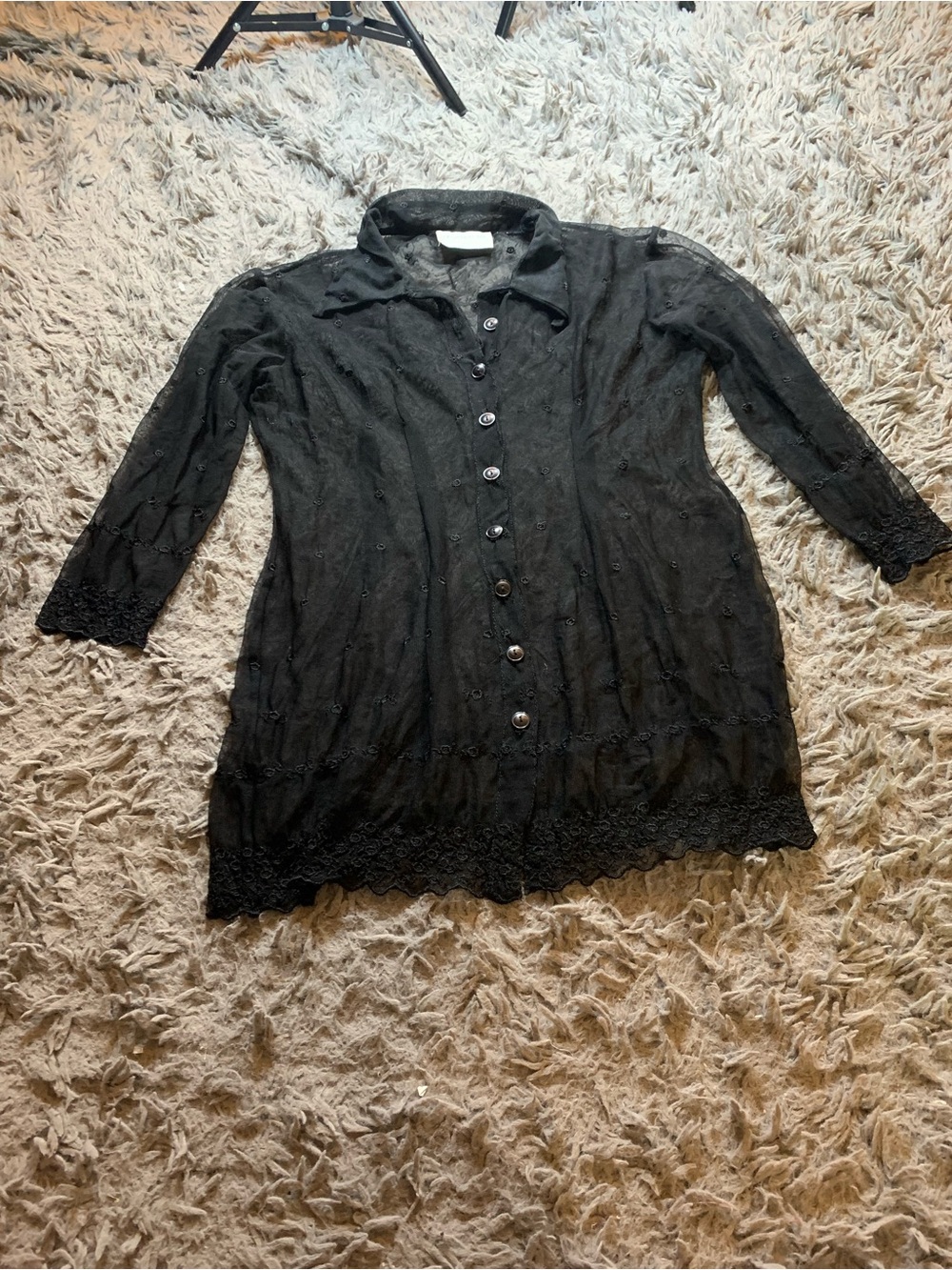 Vintage 90s Hugo Buscati black floral embroidered mesh button up blouse sz M